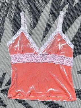 Y2K VTG Babydoll Tank Cami Velvet Lace S/M Fairycore Coquette Whimsygoth Coral